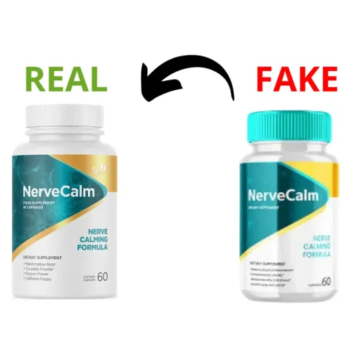 Real NerveCalm bottle compared with a fake bottle